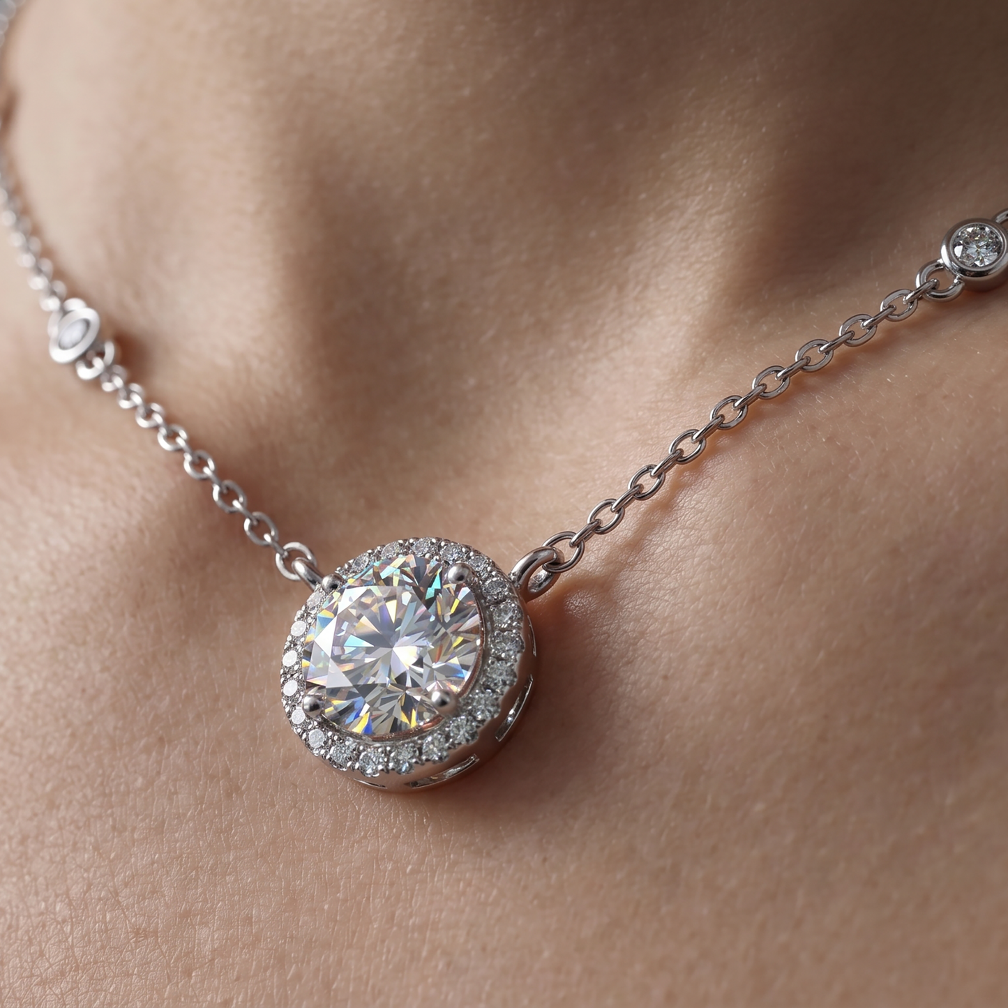 Macro lifestyle shot of round halo moissanite pendant with pavé halo detail