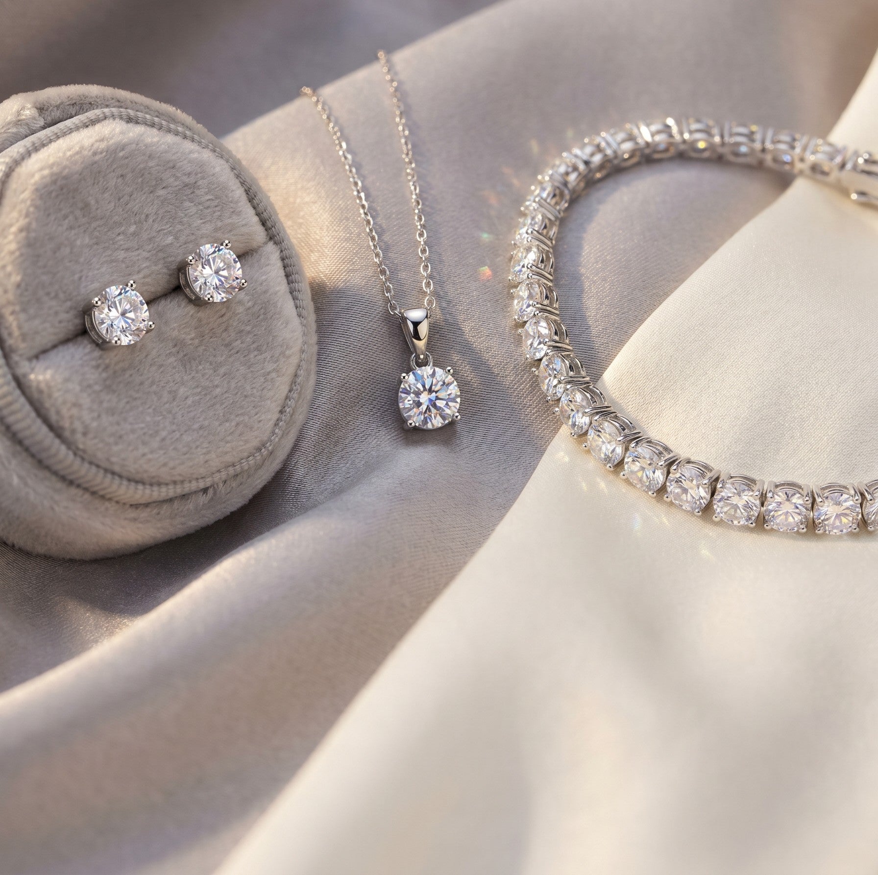 First moissanite jewelry picks with earrings, necklace, and tennis bracelet