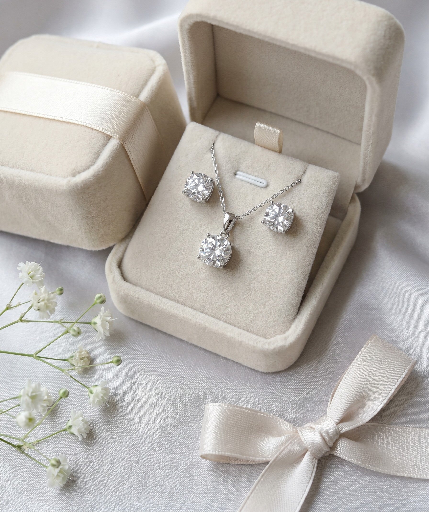 Gift-ready moissanite jewelry set in a luxury jewelry box