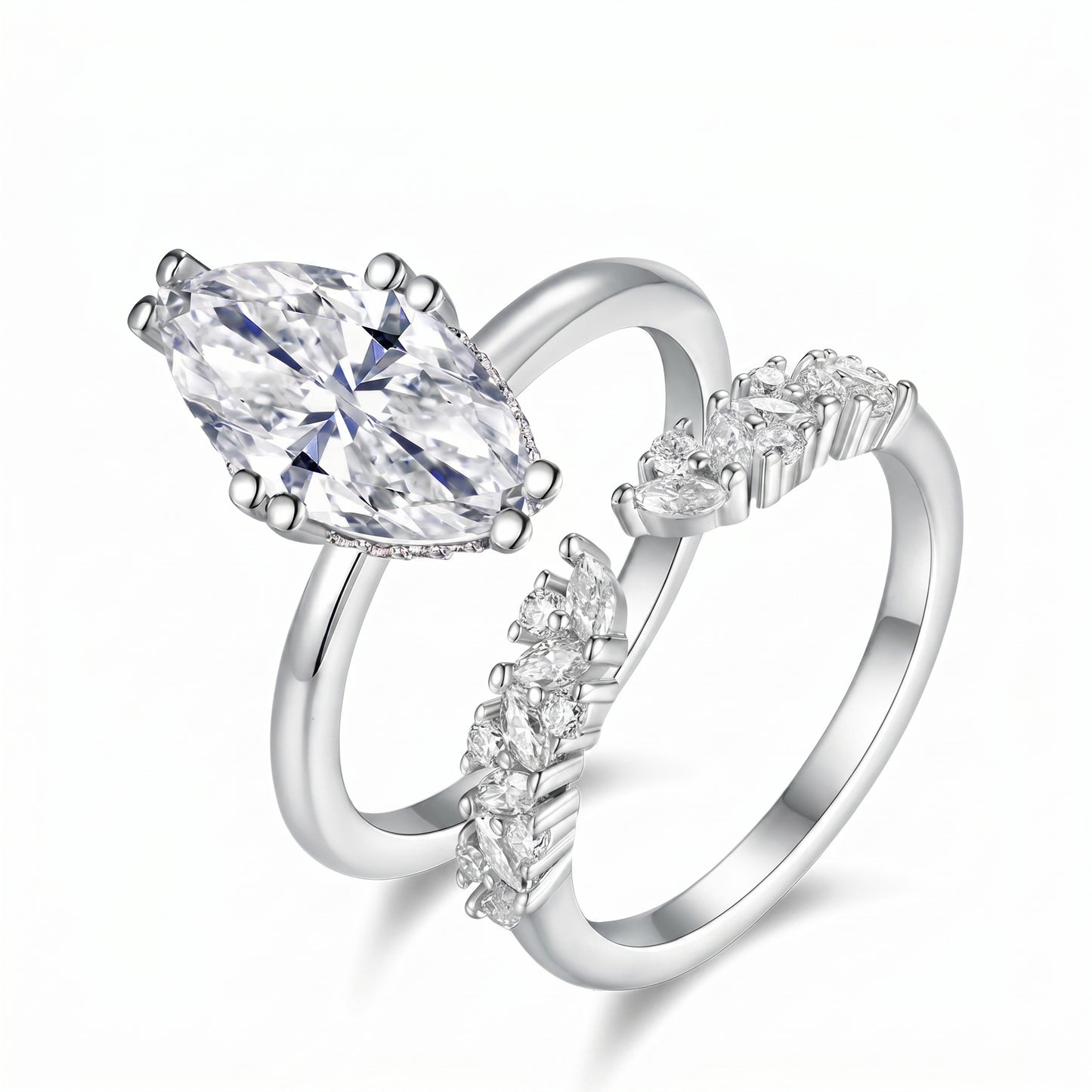 Luvia luxury 3.0 CT marquise cut moissanite stackable ring set with curved open nesting band on a white background.