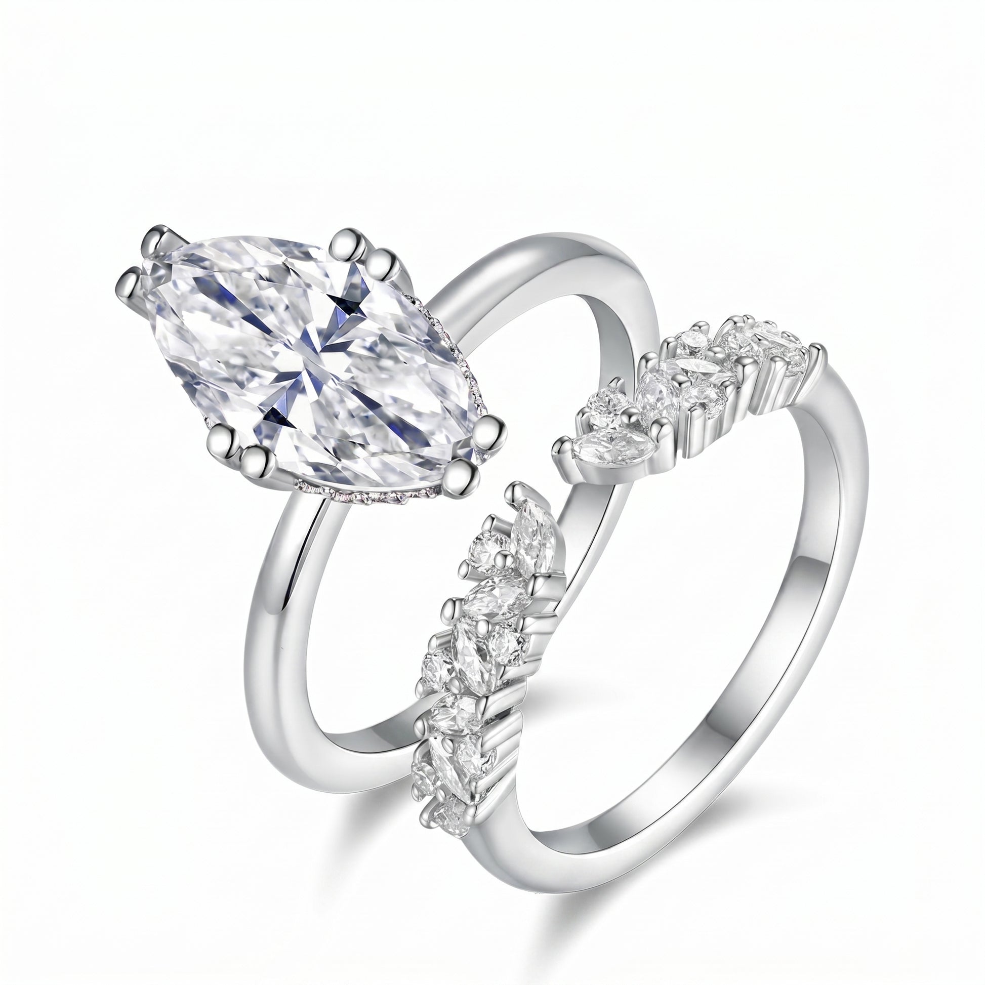 Luvia luxury 3.0 CT marquise cut moissanite stackable ring set with curved open nesting band on a white background.