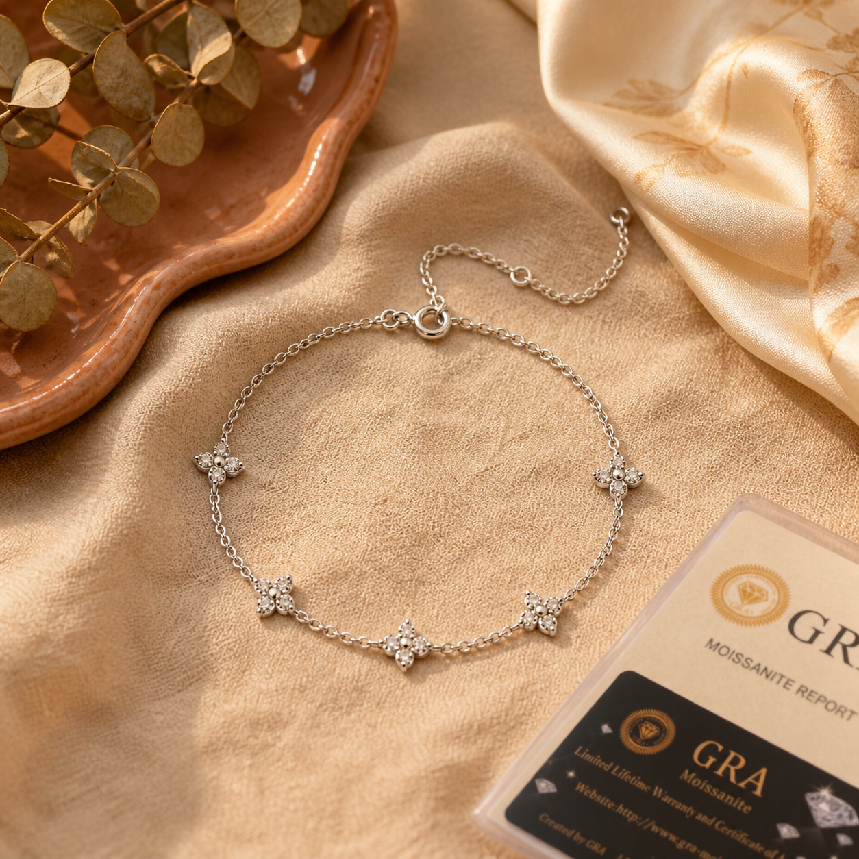 S925 sterling silver moissanite station bracelet with GRA certificate on beige linen
