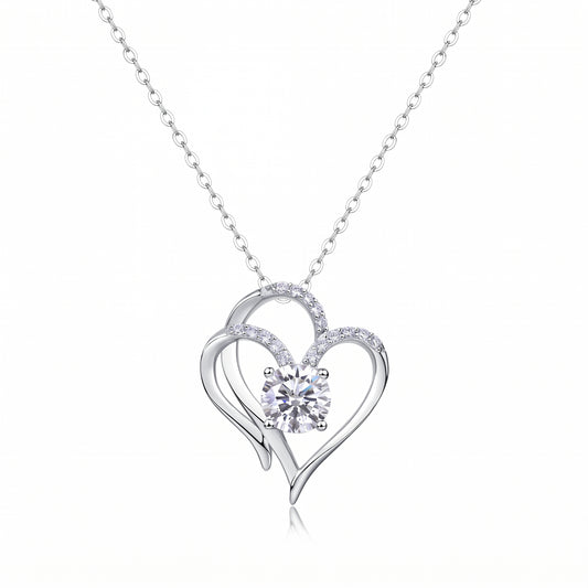 Luvia premium double heart moissanite pendant necklace in 925 sterling silver on a crisp white background.