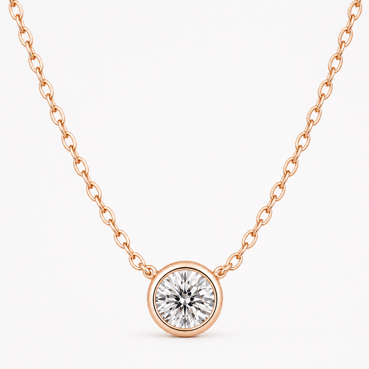 Rose gold bezel-set round moissanite pendant necklace on white background