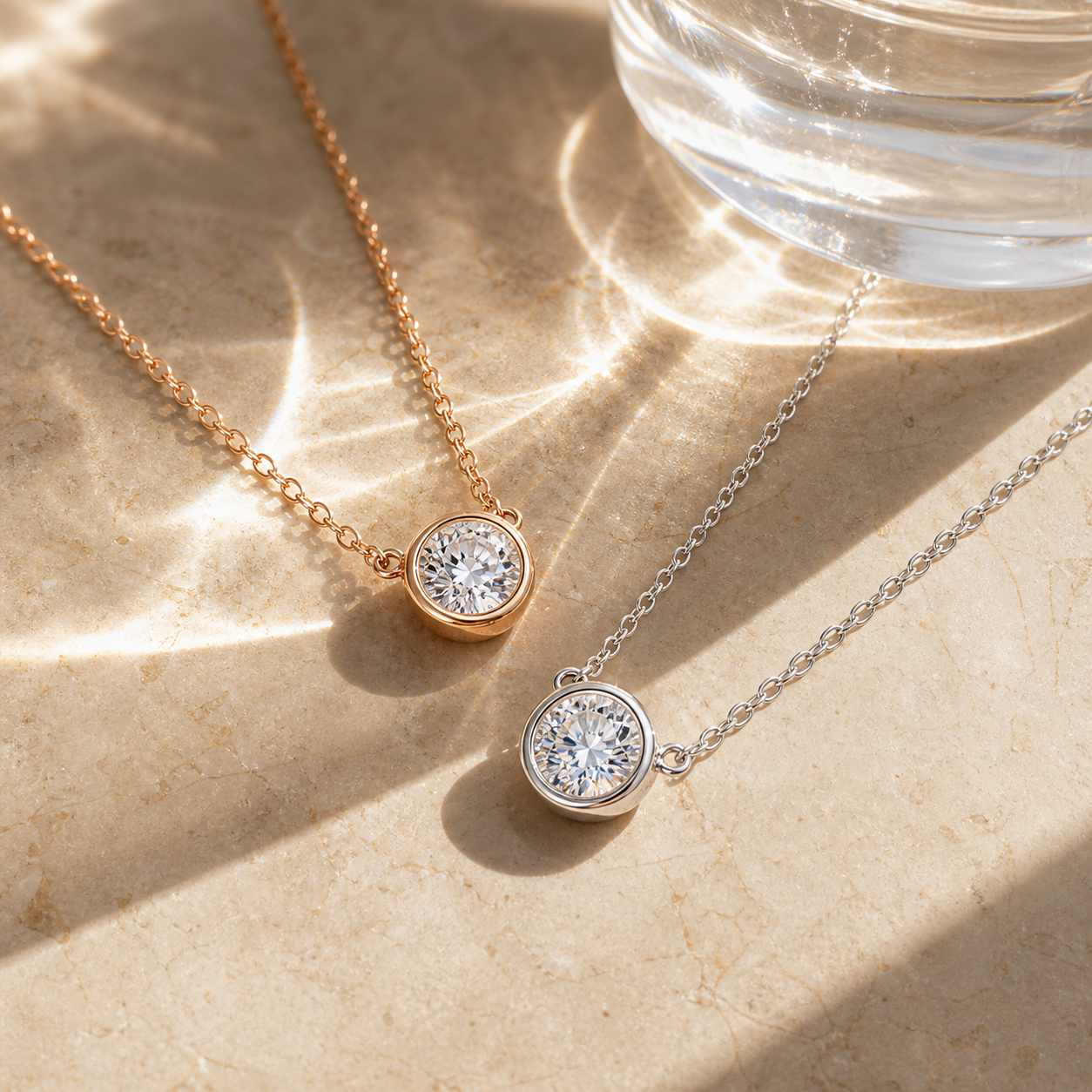 Rose gold and silver moissanite pendant necklaces on beige marble with sunlight reflections