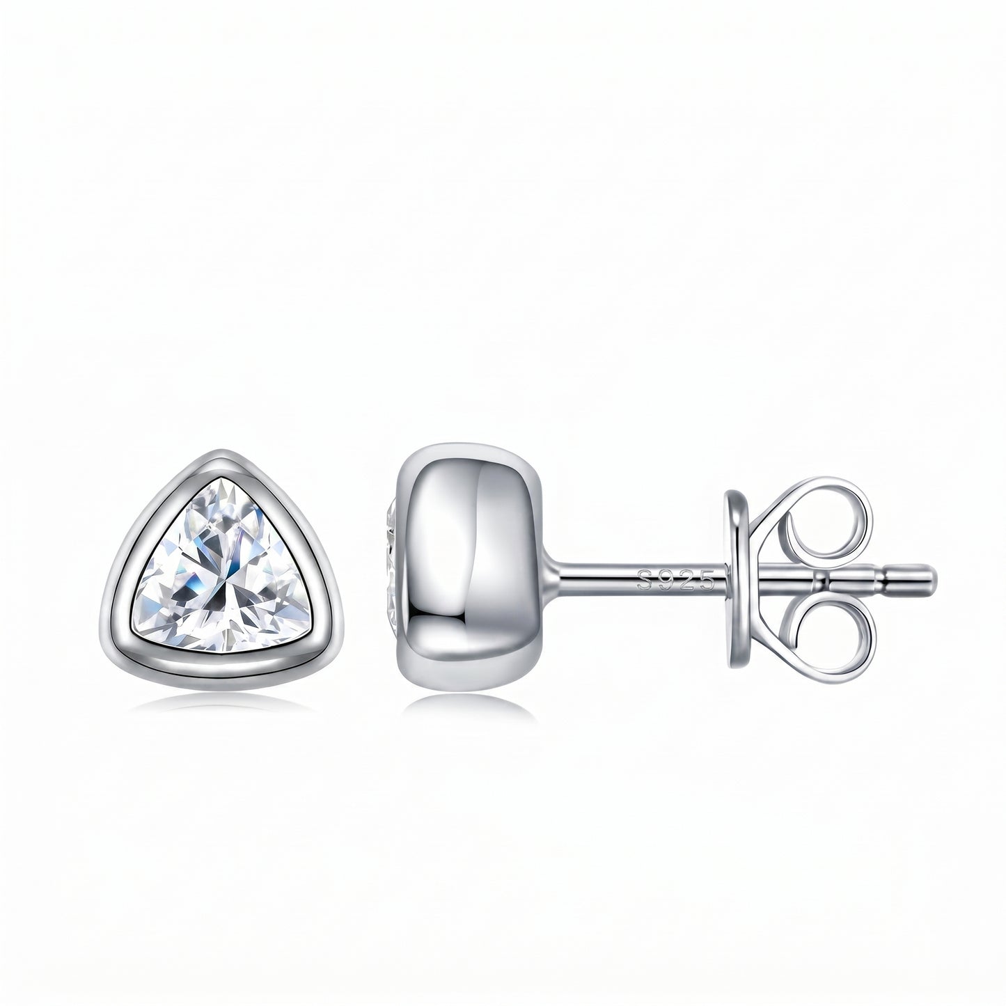 Luvia 1.0 TCW trillion cut bezel-set moissanite stud earrings in 18K white gold plated 925 sterling silver.