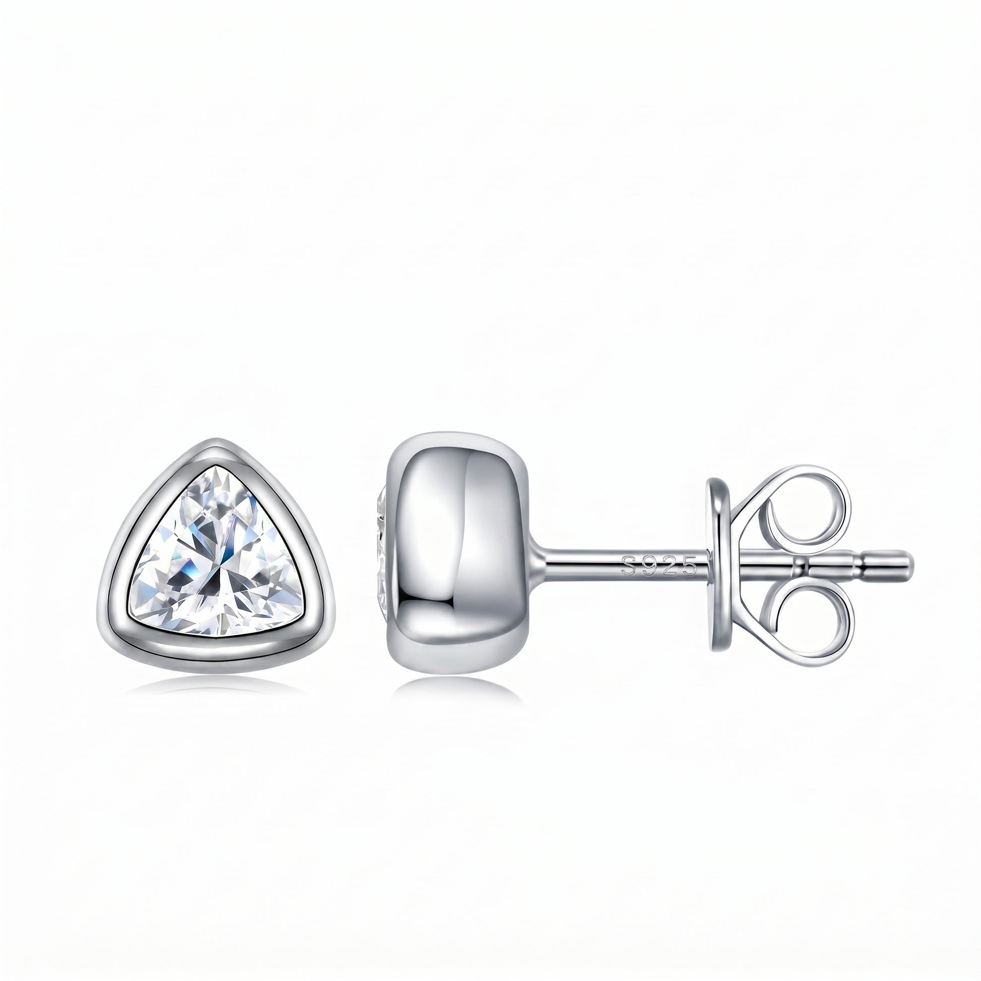 Luvia 1.0 TCW trillion cut bezel-set moissanite stud earrings in 18K white gold plated 925 sterling silver.