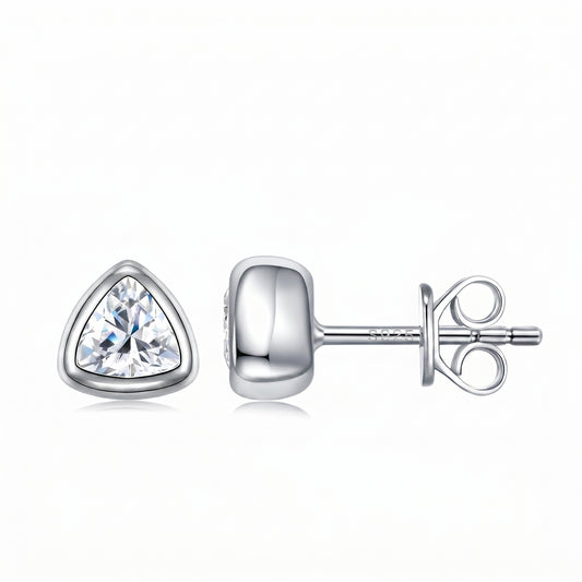 Luvia 1.0 TCW trillion cut bezel-set moissanite stud earrings in 18K white gold plated 925 sterling silver.