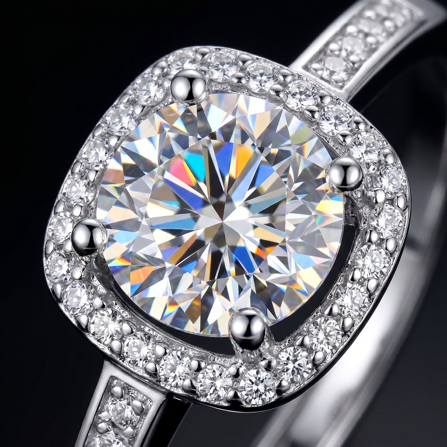 Macro close-up of cushion halo moissanite ring showing brilliant fire and sparkle