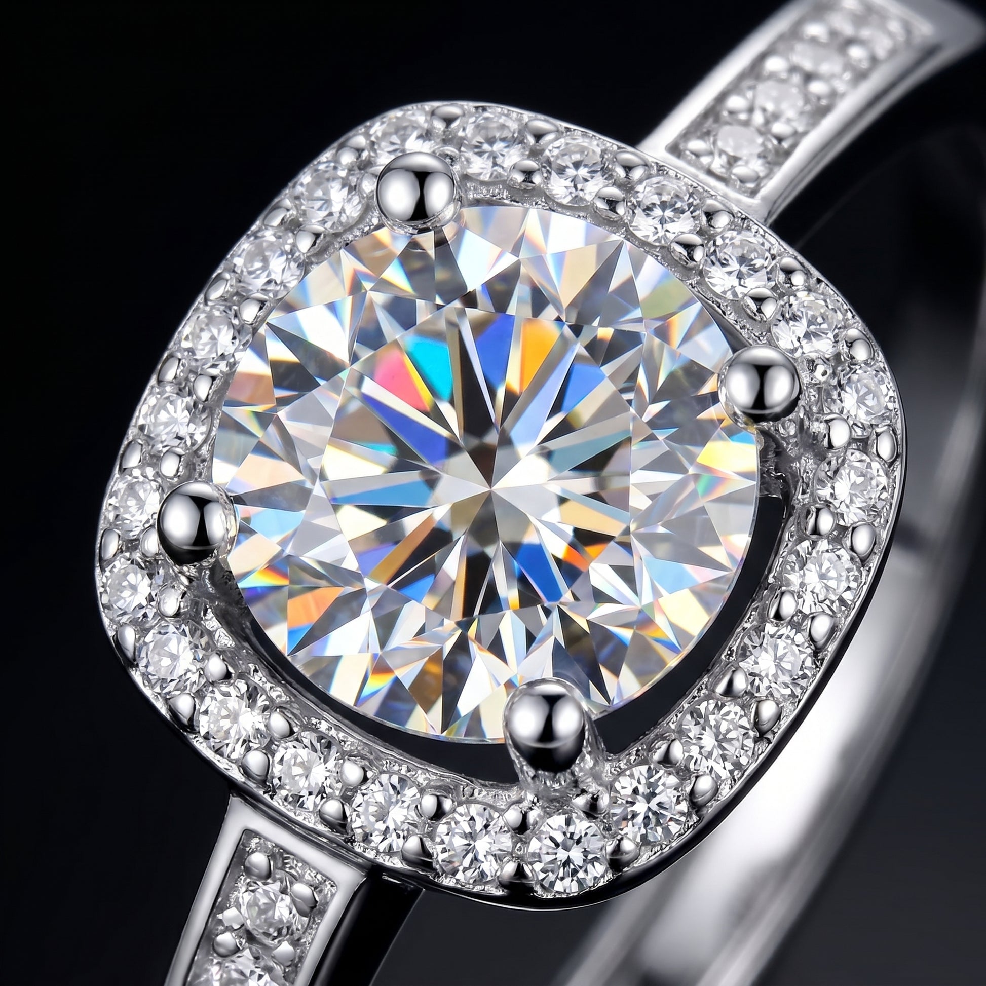 Macro close-up of cushion halo moissanite ring showing brilliant fire and sparkle
