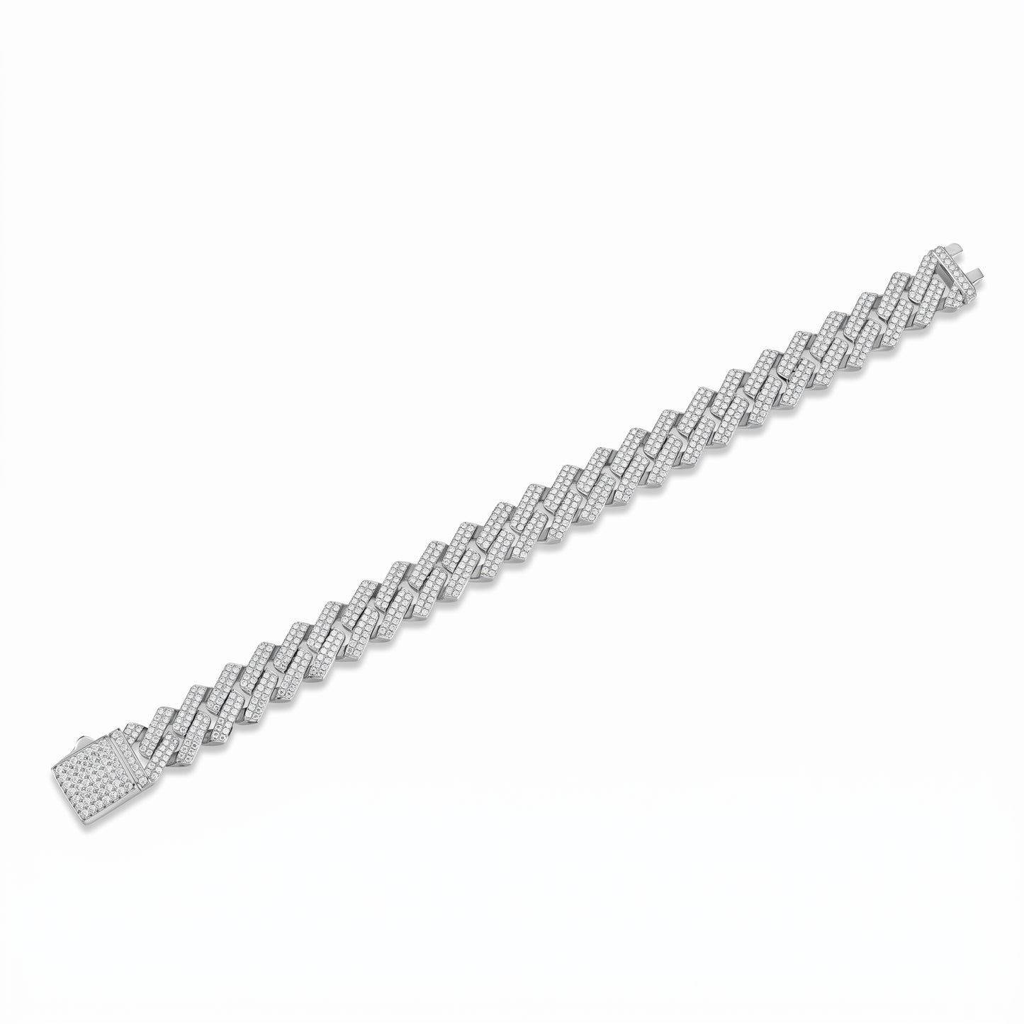 A solid 925 sterling silver 14mm thick micropavé moissanite Cuban link chain bracelet showcased straight and diagonally.