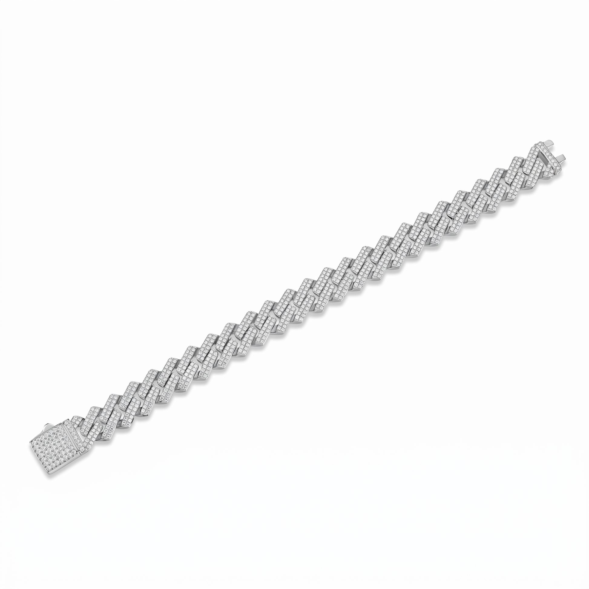 A solid 925 sterling silver 14mm thick micropavé moissanite Cuban link chain bracelet showcased straight and diagonally.