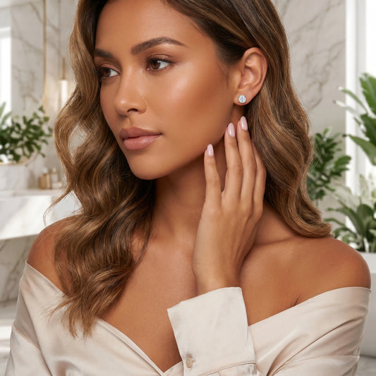 Sleek on-ear lifestyle look of Luvia vintage geometric Asscher moissanite stud earrings displayed on a tanned skin tone model.