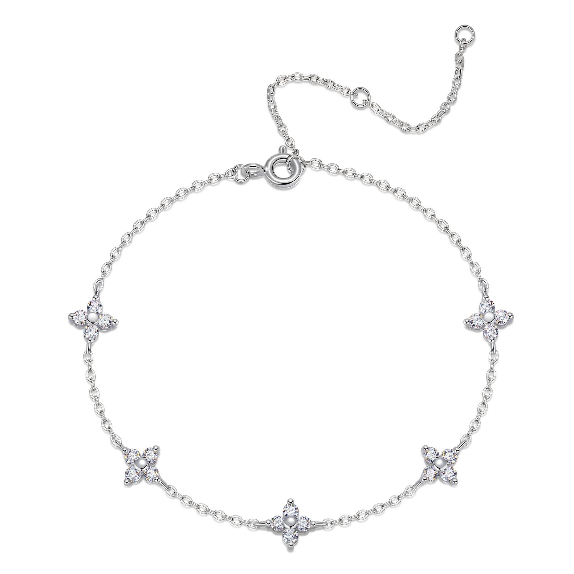 S925 sterling silver five-flower moissanite station bracelet on white background