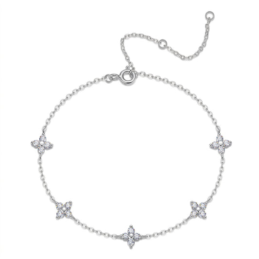 S925 sterling silver five-flower moissanite station bracelet on white background