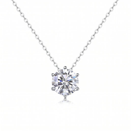 Classic six-prong moissanite solitaire necklace, S925 sterling silver chain and setting, featuring a brilliant D color VVS1 stone with exceptional fire.