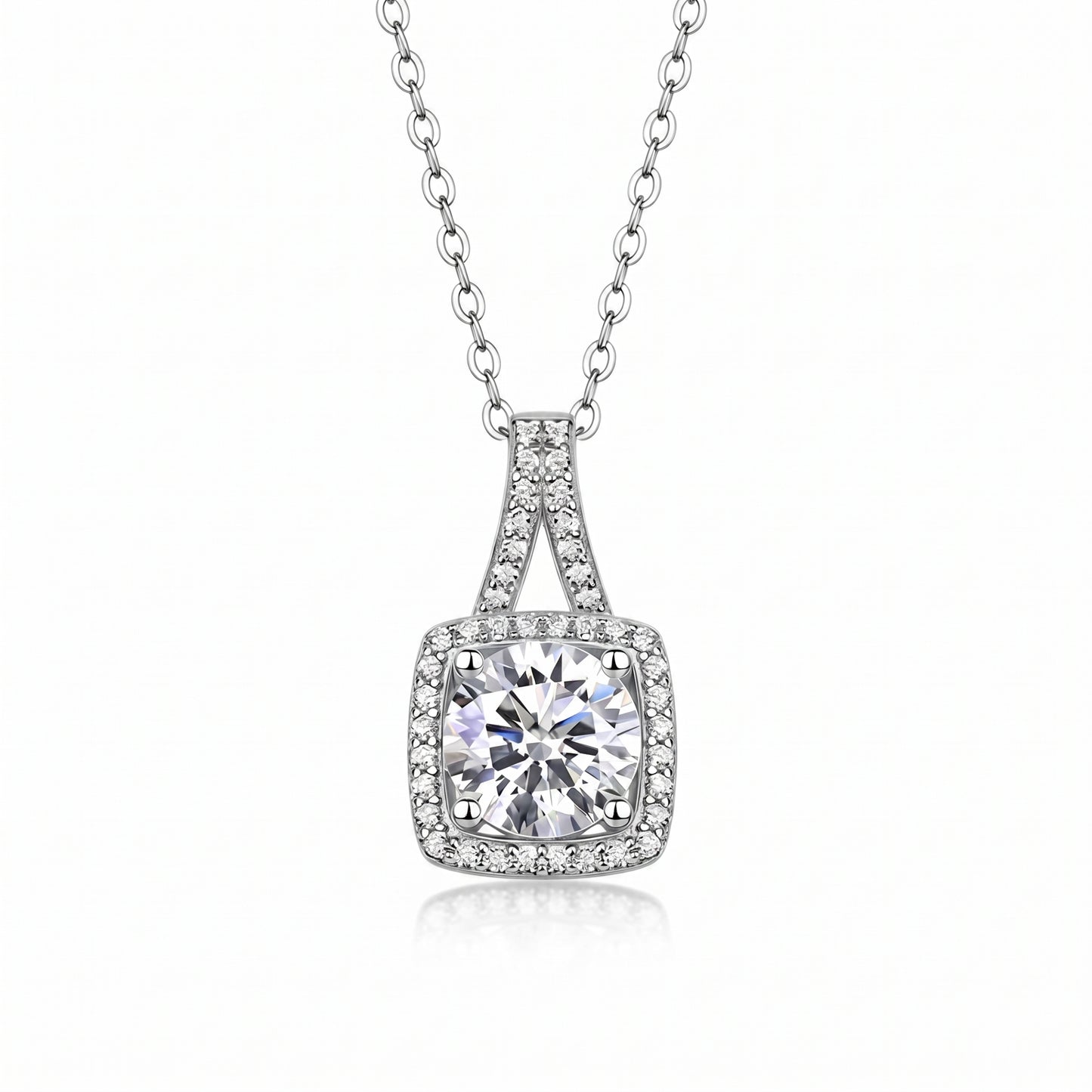 Cushion halo moissanite pendant necklace in 925 sterling silver on white background