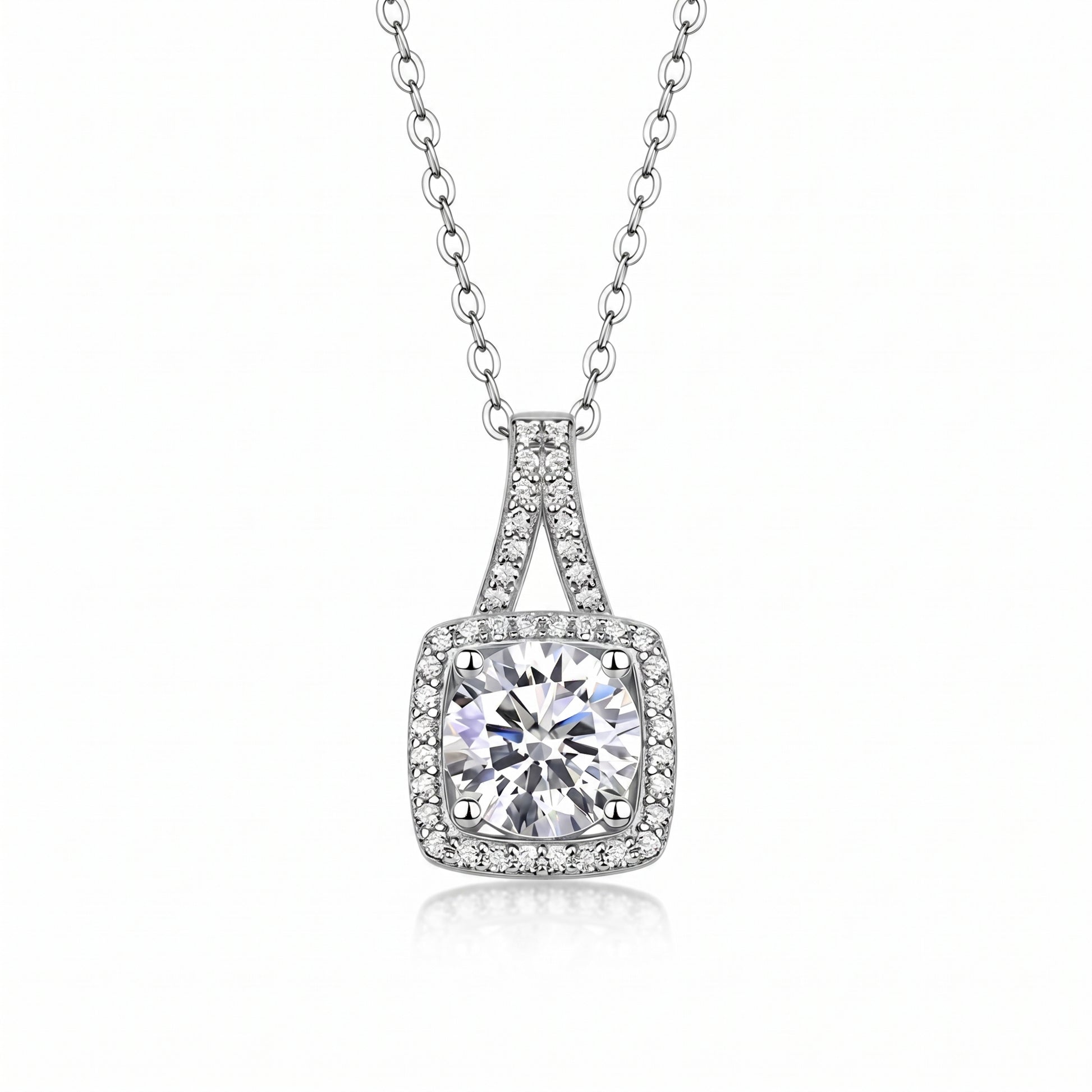 Cushion halo moissanite pendant necklace in 925 sterling silver on white background