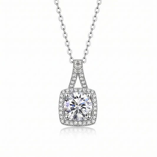 Cushion halo moissanite pendant necklace in 925 sterling silver on white background