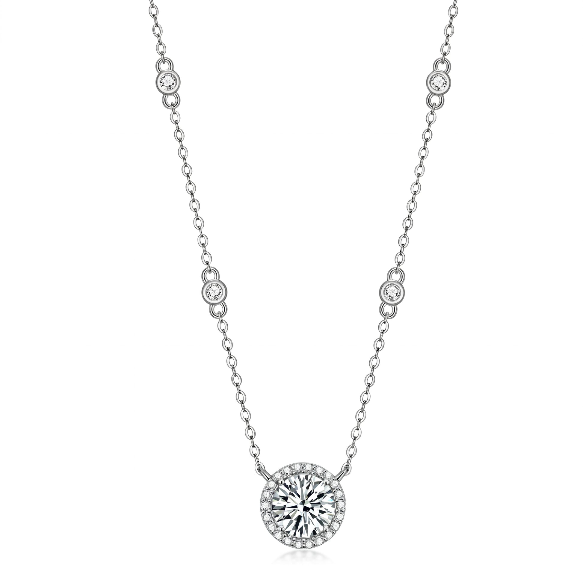 Round halo moissanite pendant necklace in 925 sterling silver on white background
