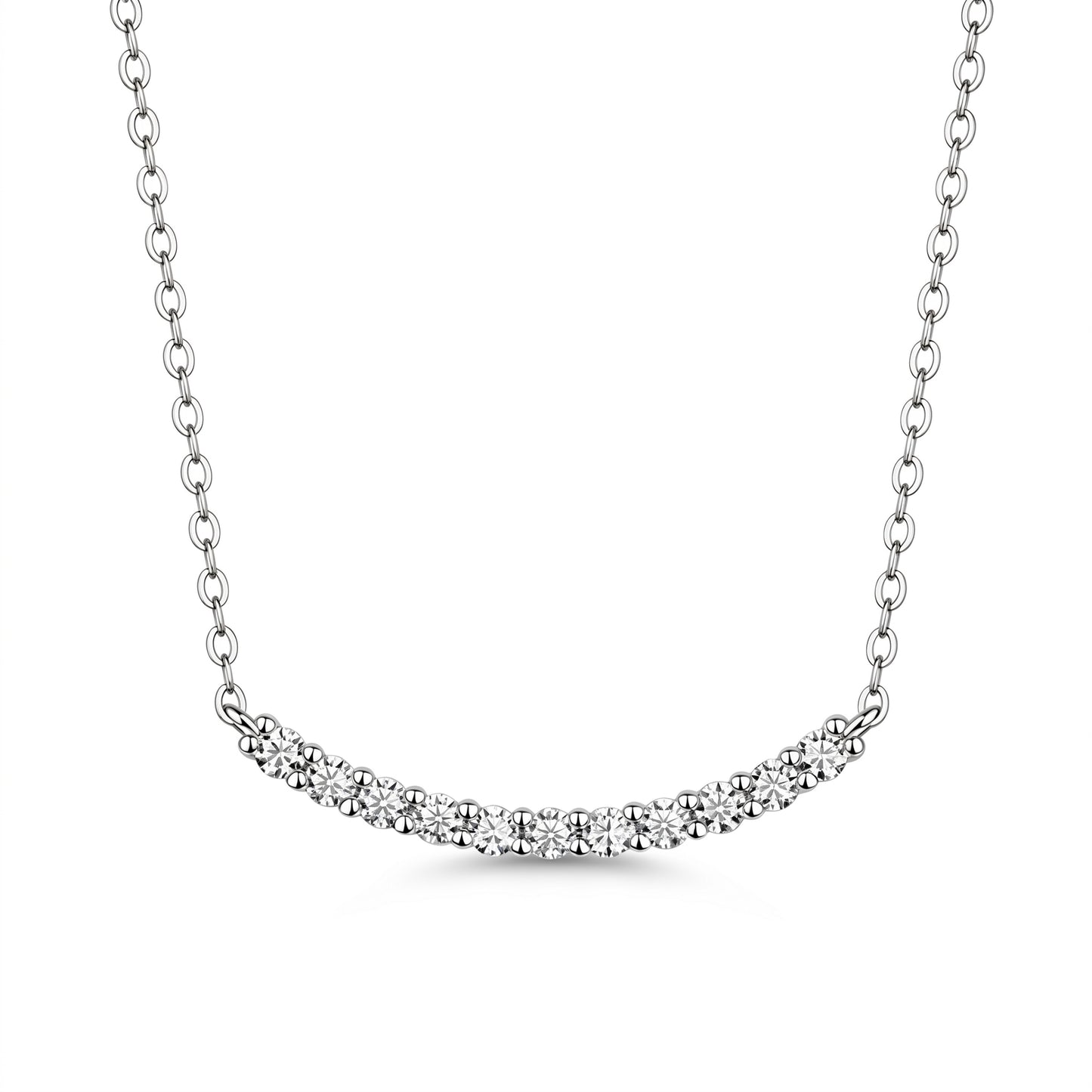 Curved moissanite bar necklace in 925 sterling silver on white background