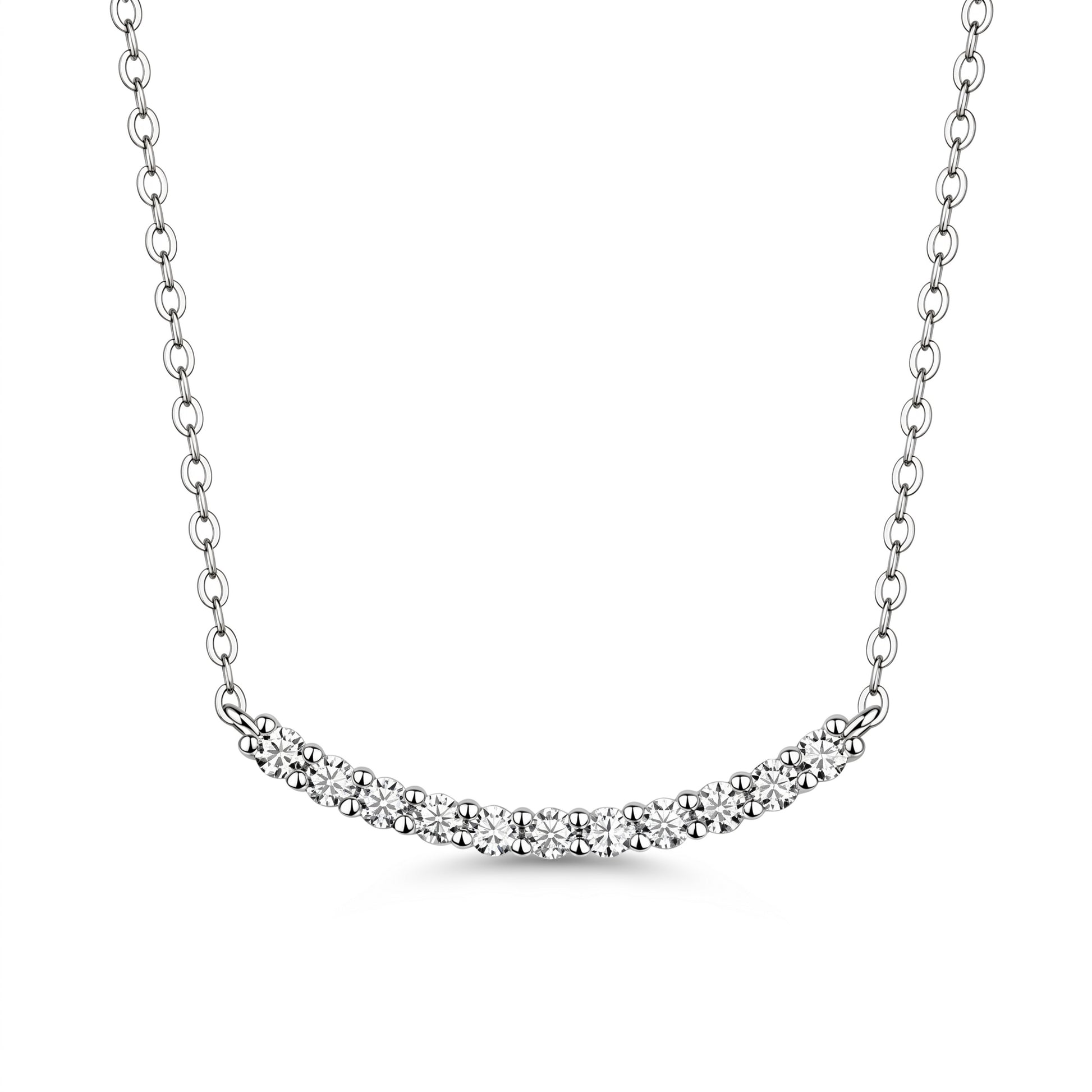 Curved moissanite bar necklace in 925 sterling silver on white background