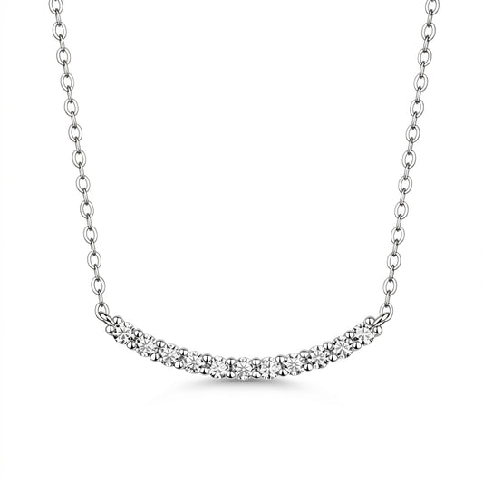 Curved moissanite bar necklace in 925 sterling silver on white background