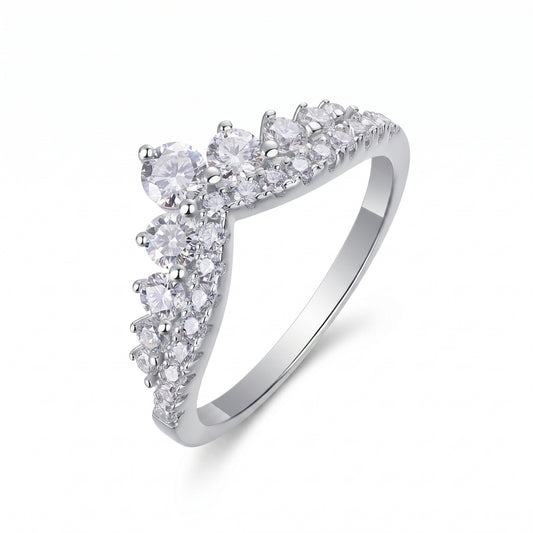 Victoria chevron moissanite ring, 925 sterling silver tiara crown stacking band with 26 side stones, Luvia Jewelers.