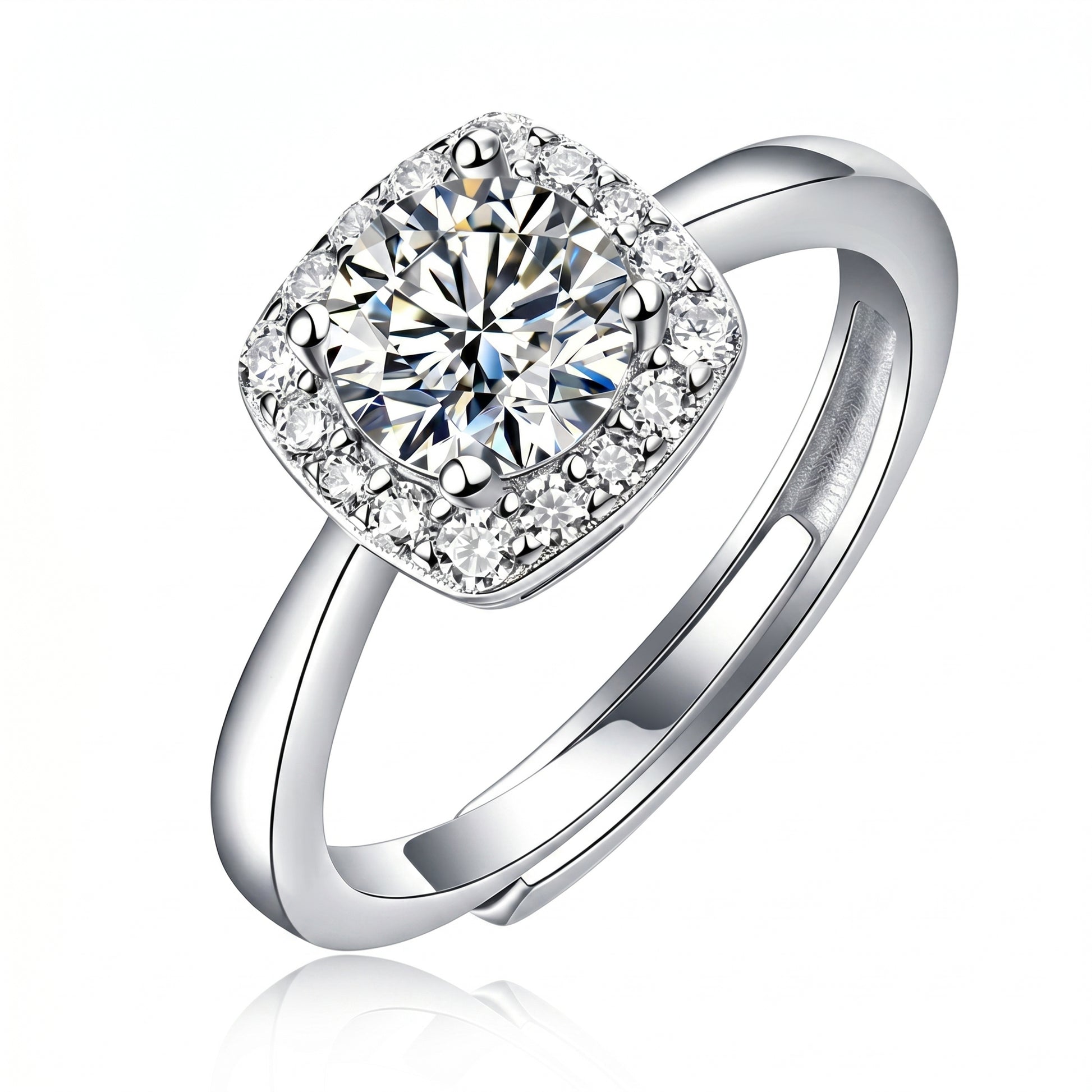 Cushion halo moissanite ring in 925 sterling silver on white background