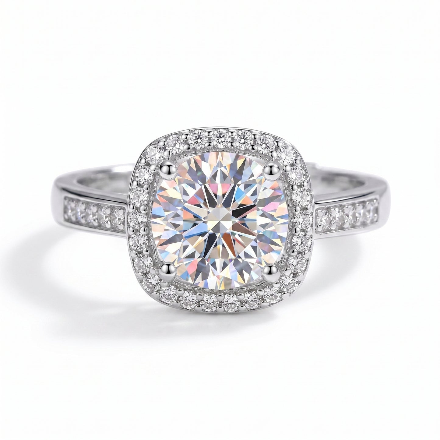 Front view of cushion halo moissanite ring with pavé sterling silver band