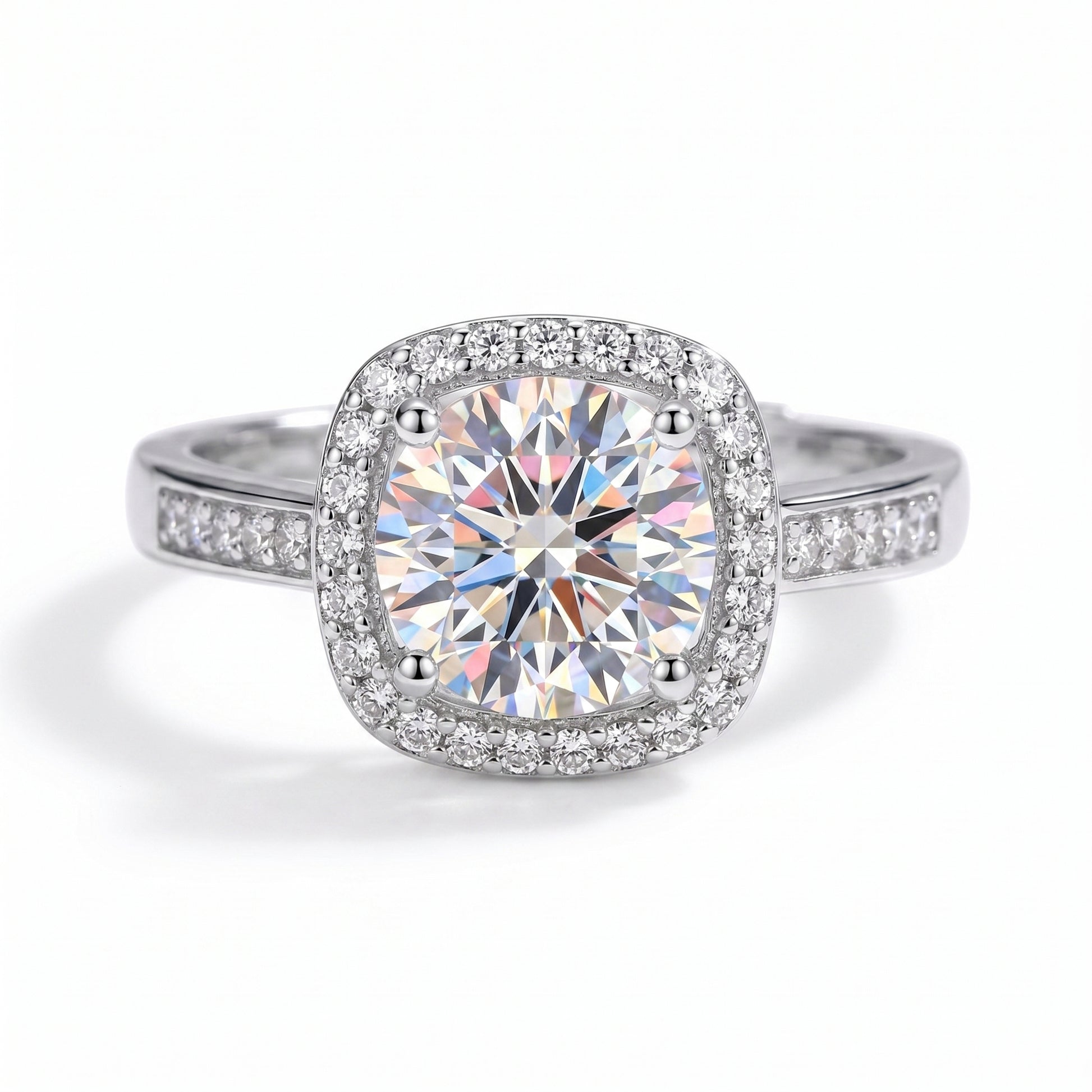 Front view of cushion halo moissanite ring with pavé sterling silver band