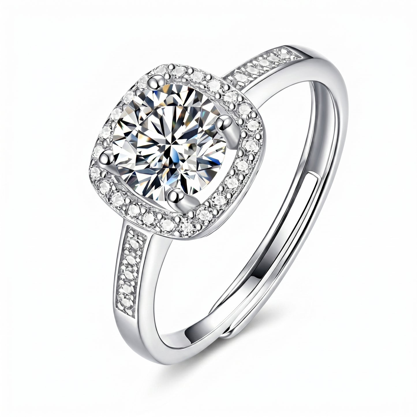 Cushion halo moissanite engagement-style ring with pavé band