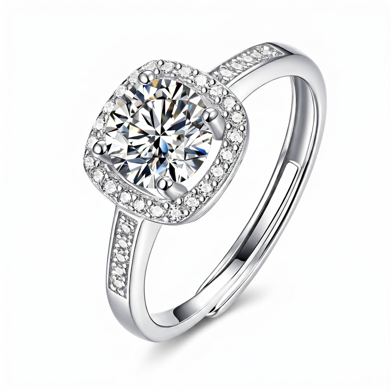 Cushion halo moissanite engagement-style ring with pavé band