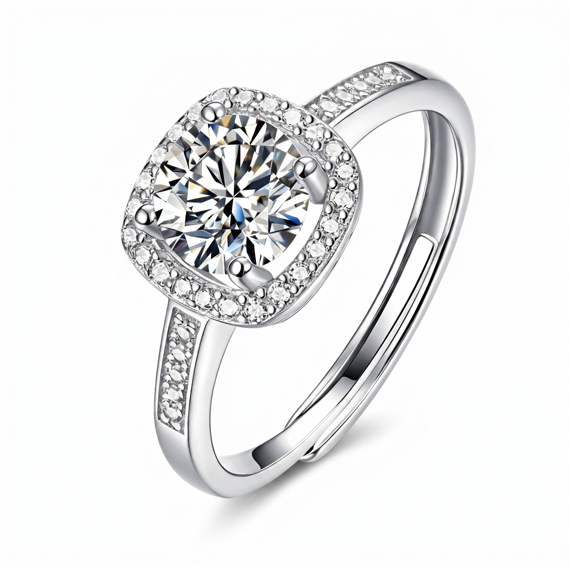 Cushion halo moissanite engagement-style ring with pavé band