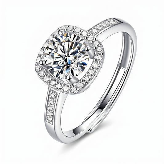 Cushion halo moissanite engagement-style ring with pavé band