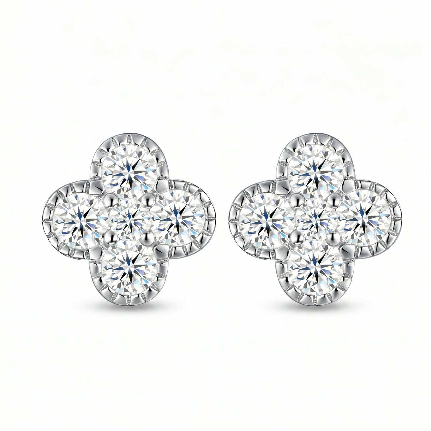 Pair of four-flower moissanite stud earrings on white background