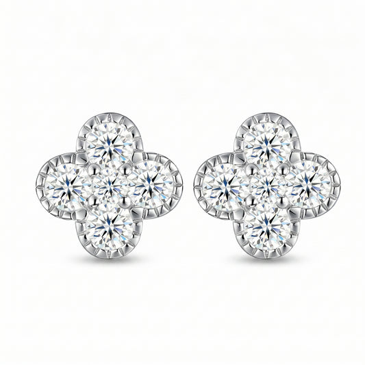 Pair of four-flower moissanite stud earrings on white background