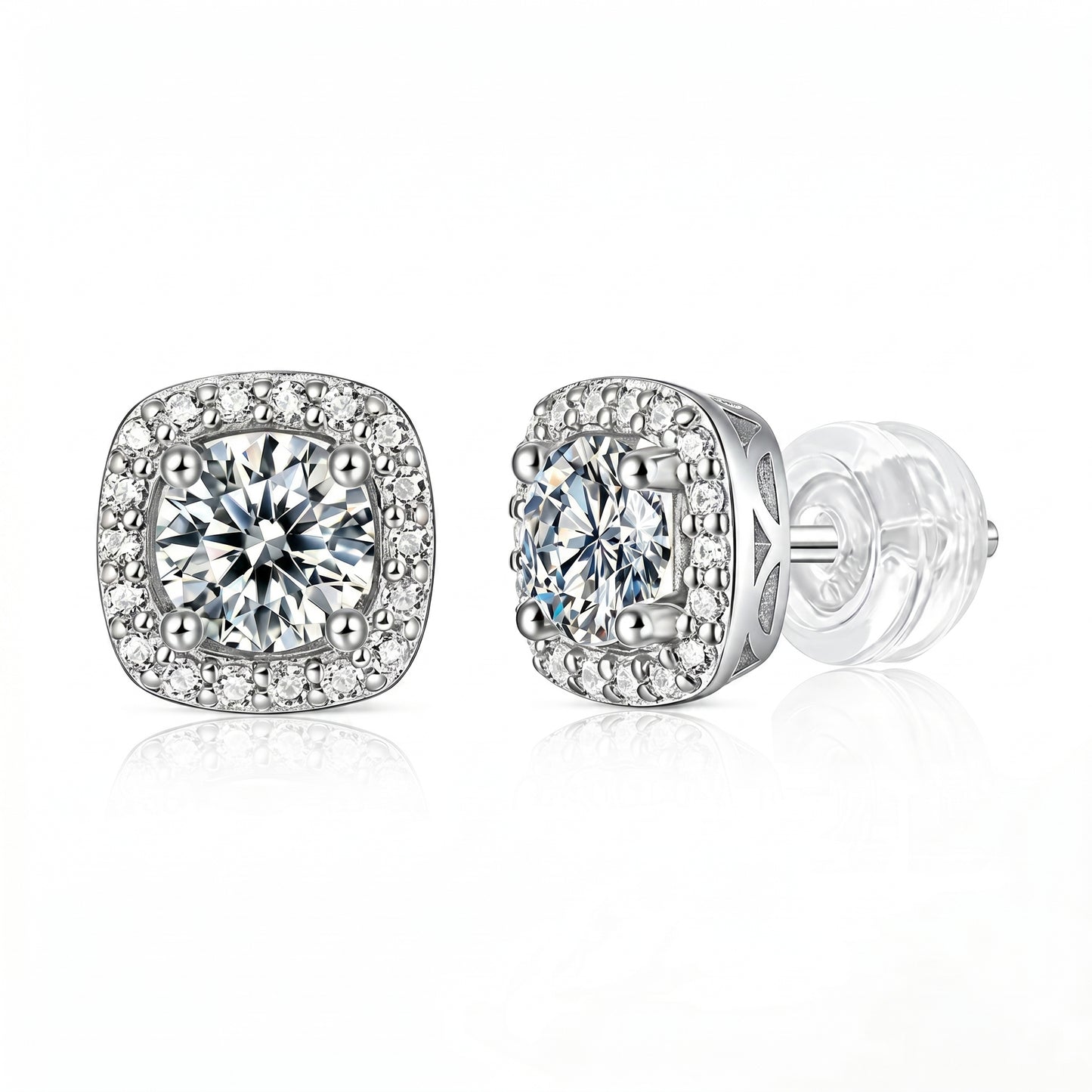 Cushion halo moissanite stud earrings in 925 sterling silver on white background