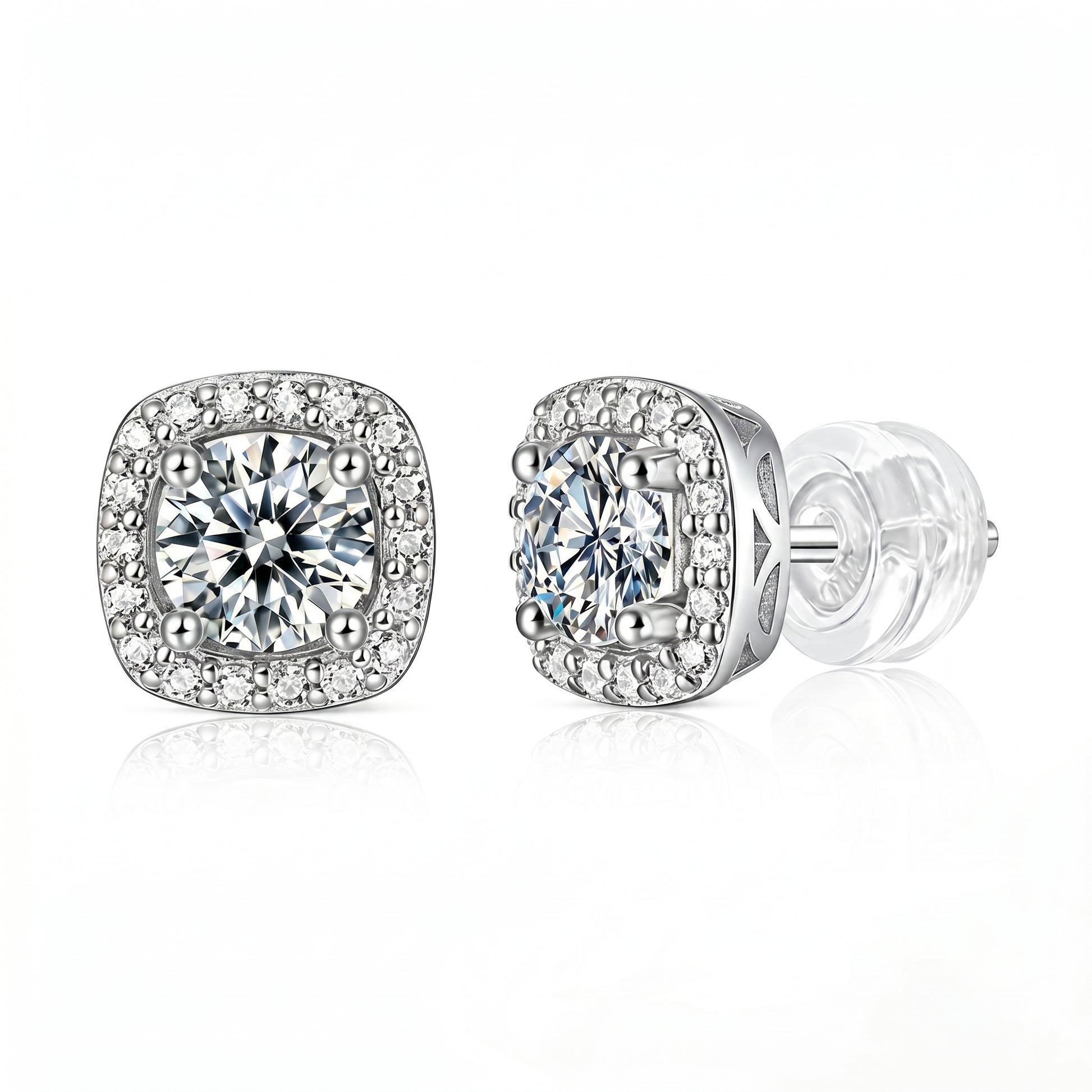 Cushion halo moissanite stud earrings in 925 sterling silver on white background