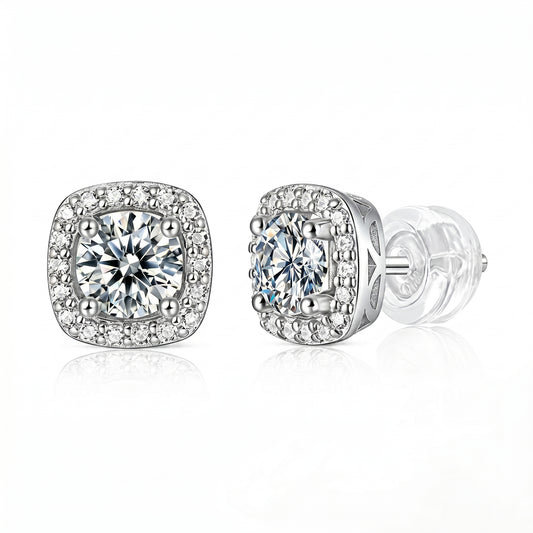 Cushion halo moissanite stud earrings in 925 sterling silver on white background