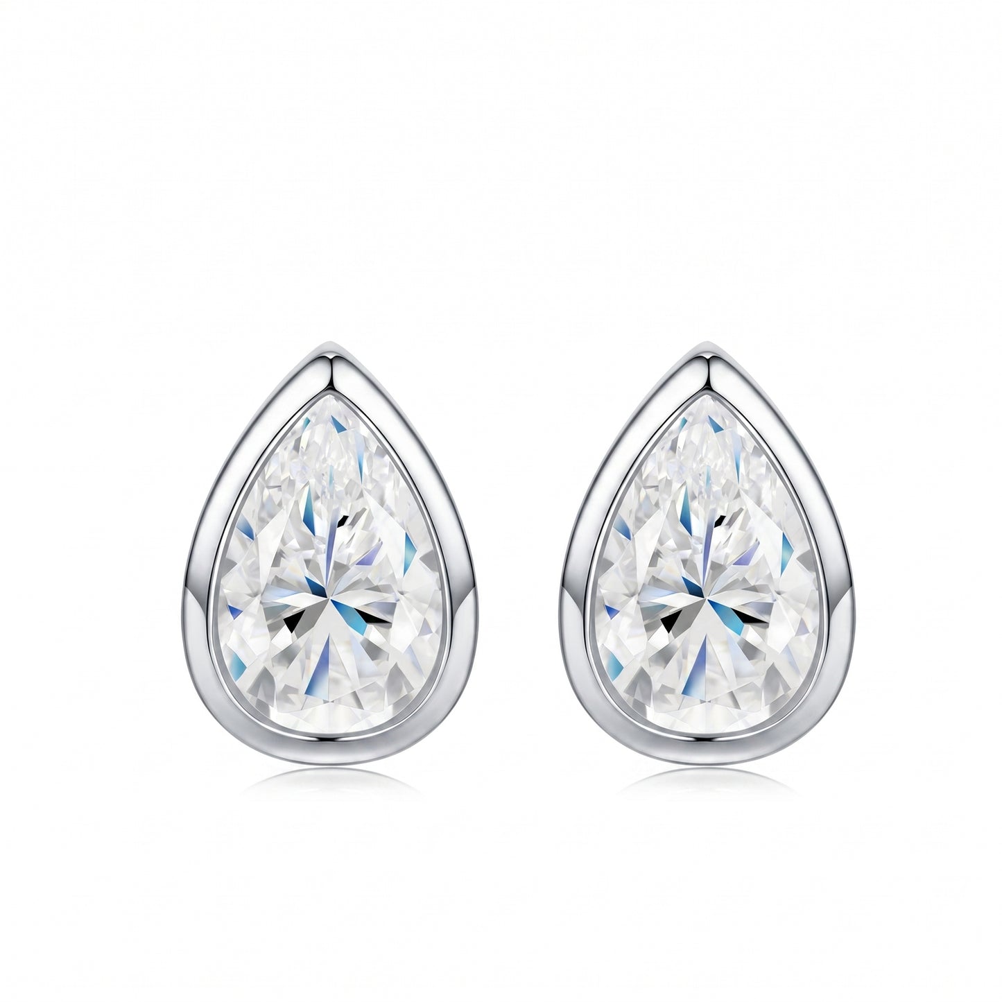 Luvia luxury 1.5 TCW pear cut bezel-set moissanite stud earrings in 18K white gold plated 925 sterling silver.