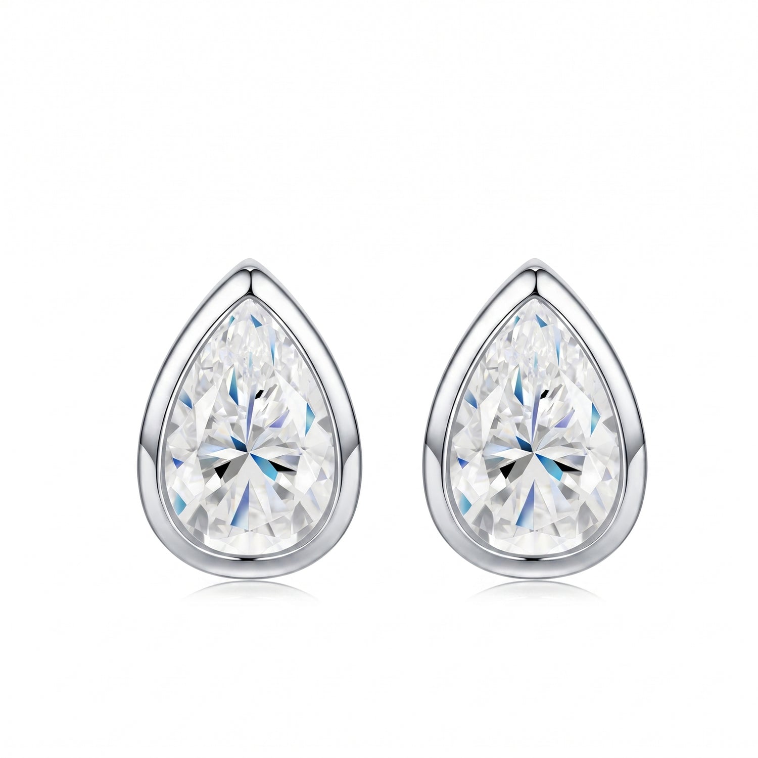 Luvia luxury 1.5 TCW pear cut bezel-set moissanite stud earrings in 18K white gold plated 925 sterling silver.