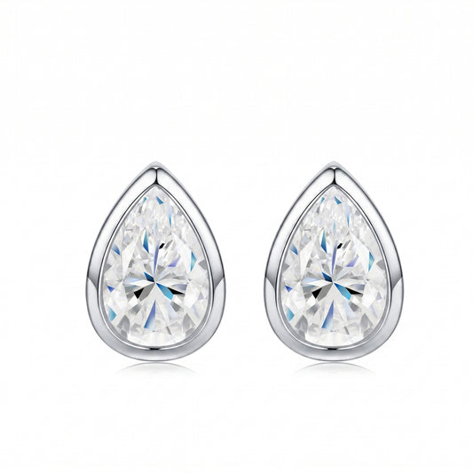 Luvia luxury 1.5 TCW pear cut bezel-set moissanite stud earrings in 18K white gold plated 925 sterling silver.