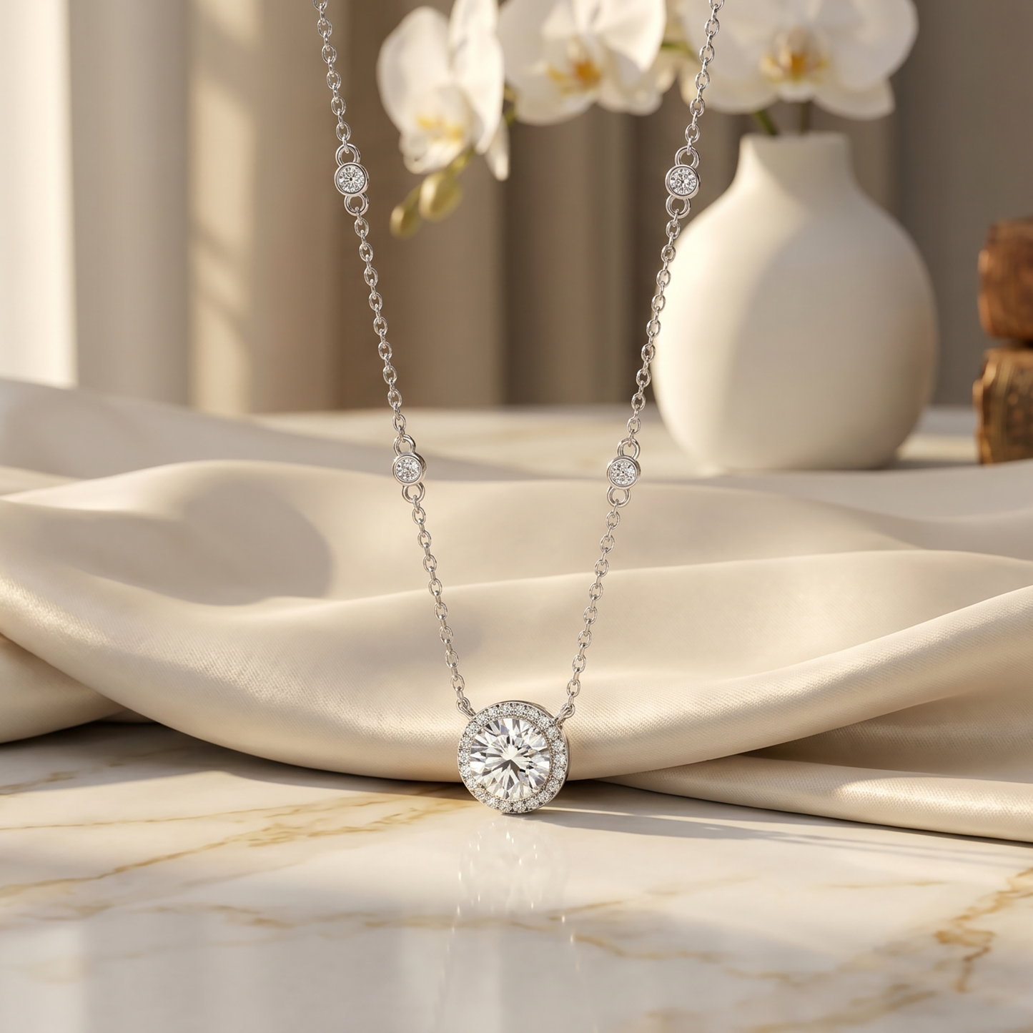 Round halo moissanite pendant necklace displayed on soft white fabric