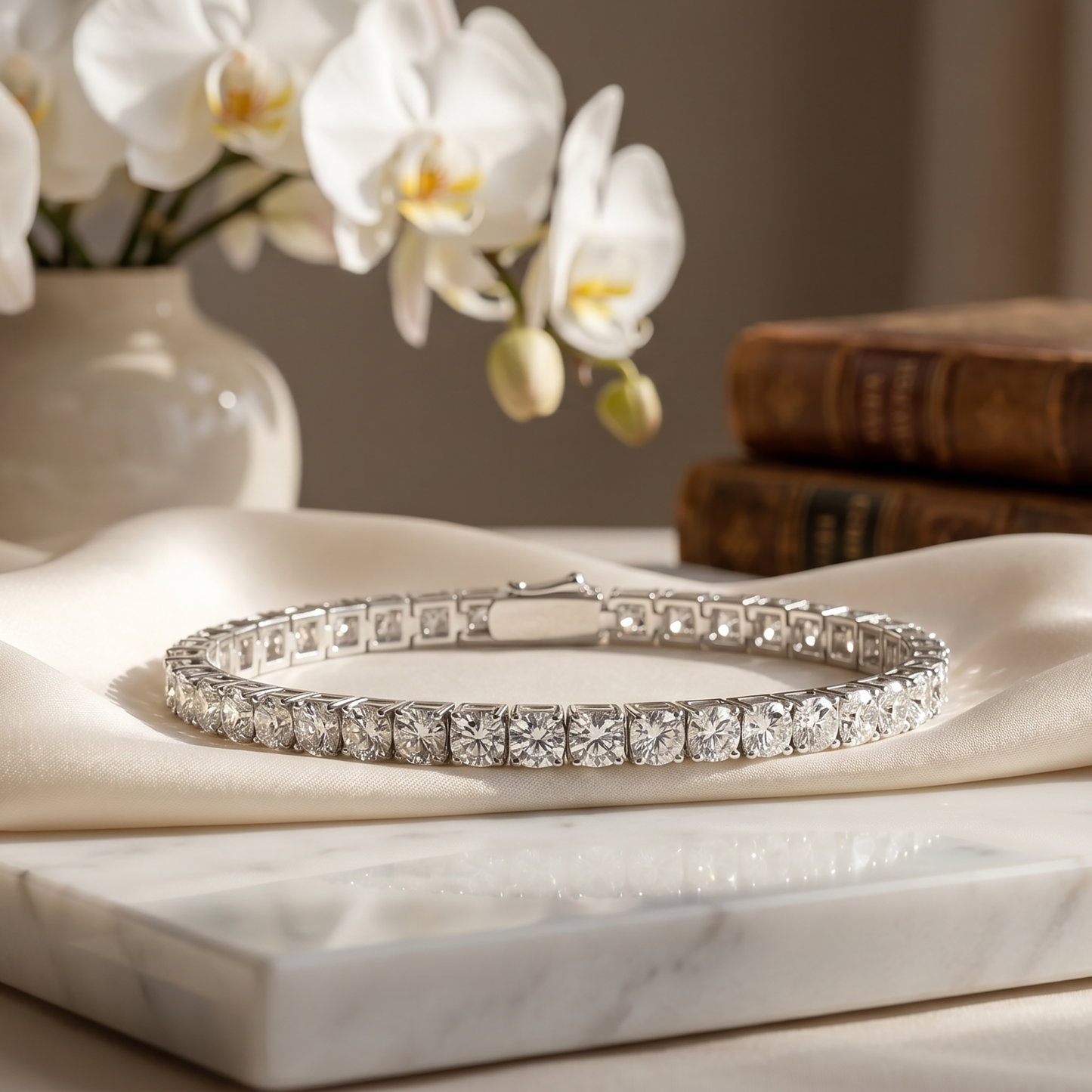 Silver moissanite tennis bracelet displayed on white marble with orchids