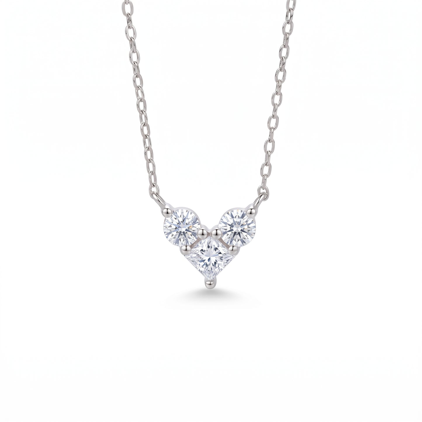Luvia premium geometric interlocking heart moissanite pendant necklace crafted in 18K white gold plated S925 sterling silver.