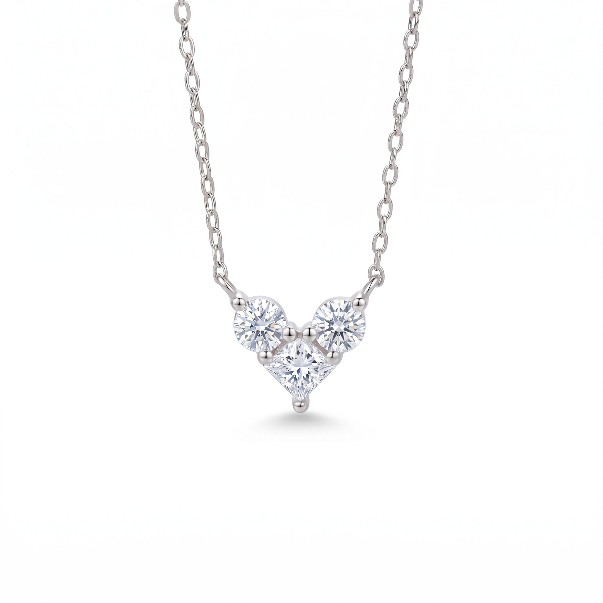 Luvia premium geometric interlocking heart moissanite pendant necklace crafted in 18K white gold plated S925 sterling silver.