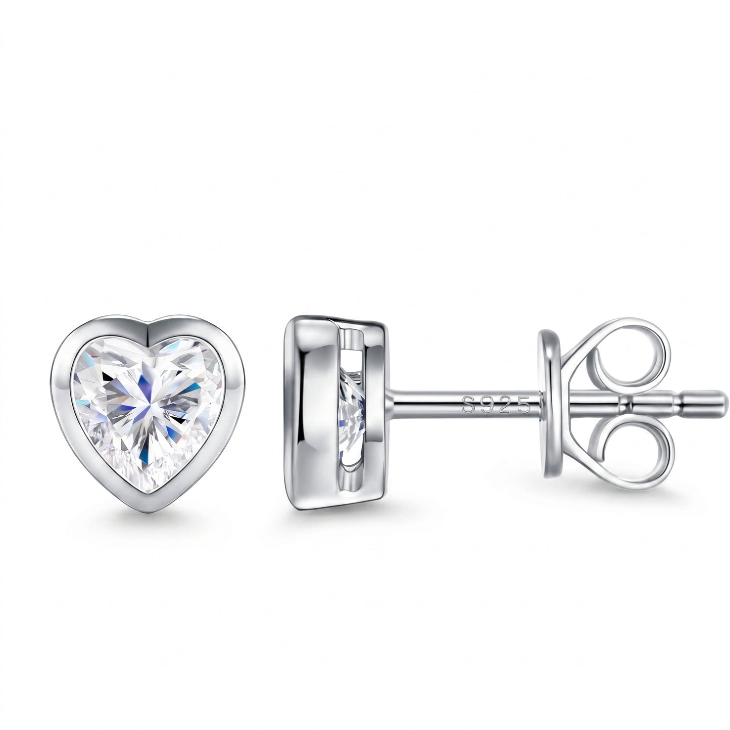 Luvia 1.0 TCW heart cut bezel-set moissanite stud earrings in 18K white gold plated 925 sterling silver.