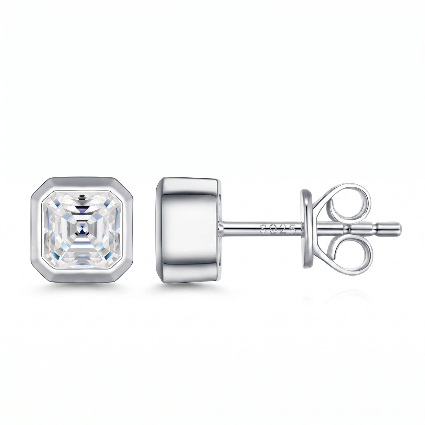 Luvia luxury Asscher cut bezel-set moissanite stud earrings in 18K white gold plated 925 sterling silver.