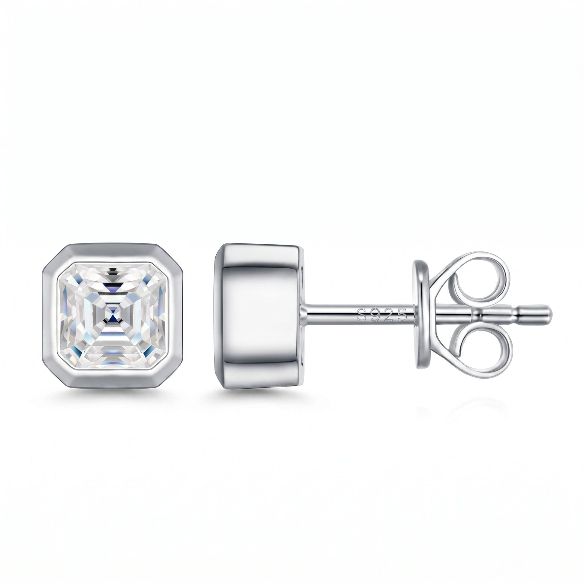 Luvia luxury Asscher cut bezel-set moissanite stud earrings in 18K white gold plated 925 sterling silver.